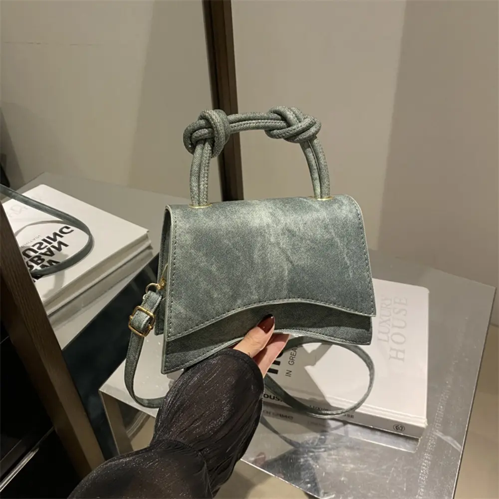 Women's Washed Denim Mini Crossbody Bag - Bags for Women with Wavy Flap, Knot Handle, Adjustable Strap, Cross-Strap Design Casual Shoulder Purse, Cross-Strap Design Women's Handbags