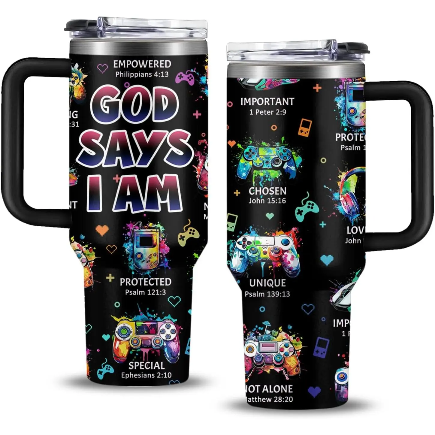 Christian Gamer Gifts, 40 Oz God Says I Am Tumbler With Handle, Christian Gifts for Men/Boys, Inspirational Religious Birthday Gift for Game Lover Bible Verse Cup, Gaming Gift For Gamer Tumbler