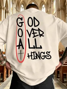 Men's Short Sleeve T-Shirt, Christian Faith Print, Casual Daily Wear, Fitted H-Type, Sporty Style, Unlined, Long Clothing Length