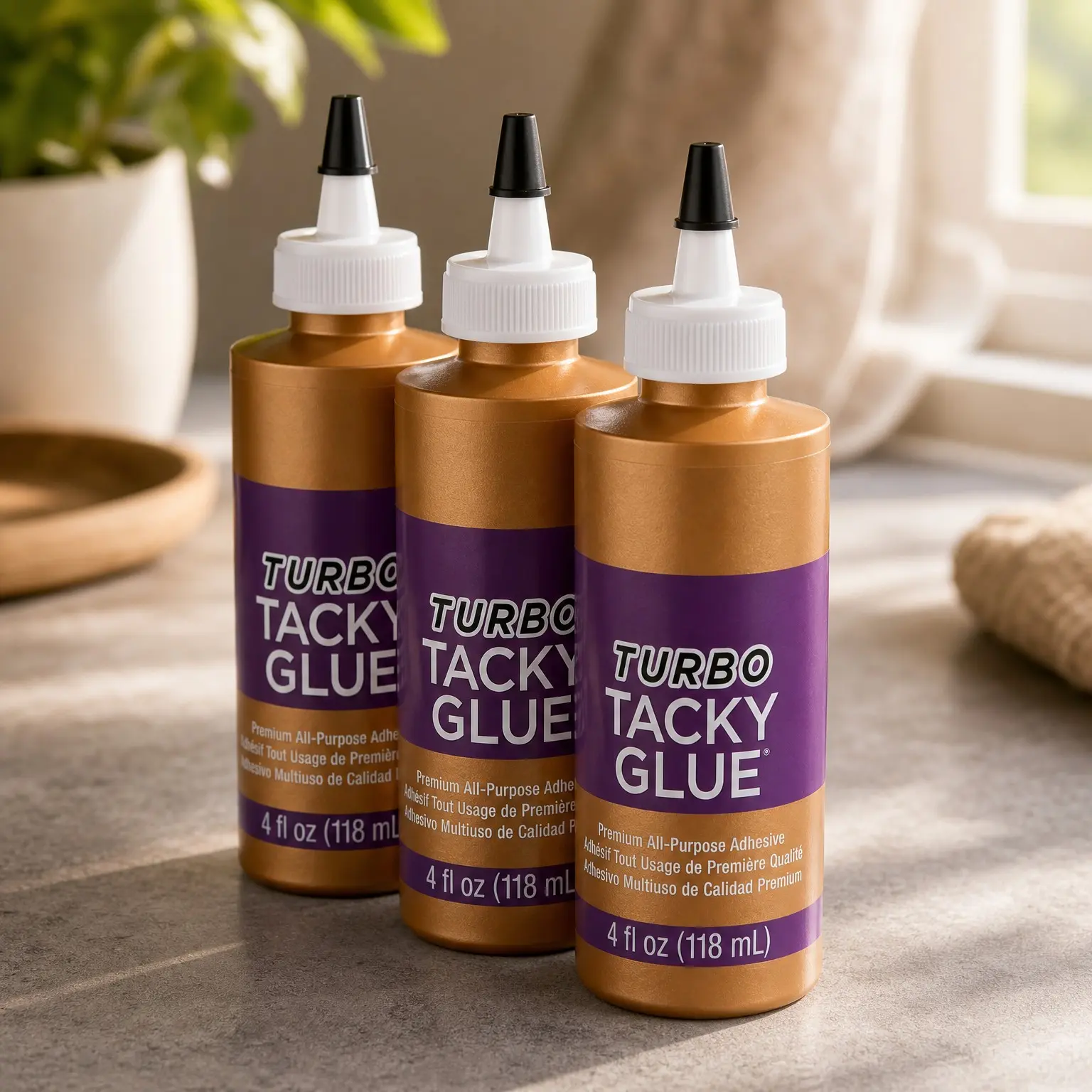 Turbo Tacky Glue for Crafts, Strong Bond Nontoxic Adhesive, Dries Clear, Always Ready Bottle, 4 fl oz, 3-Pack