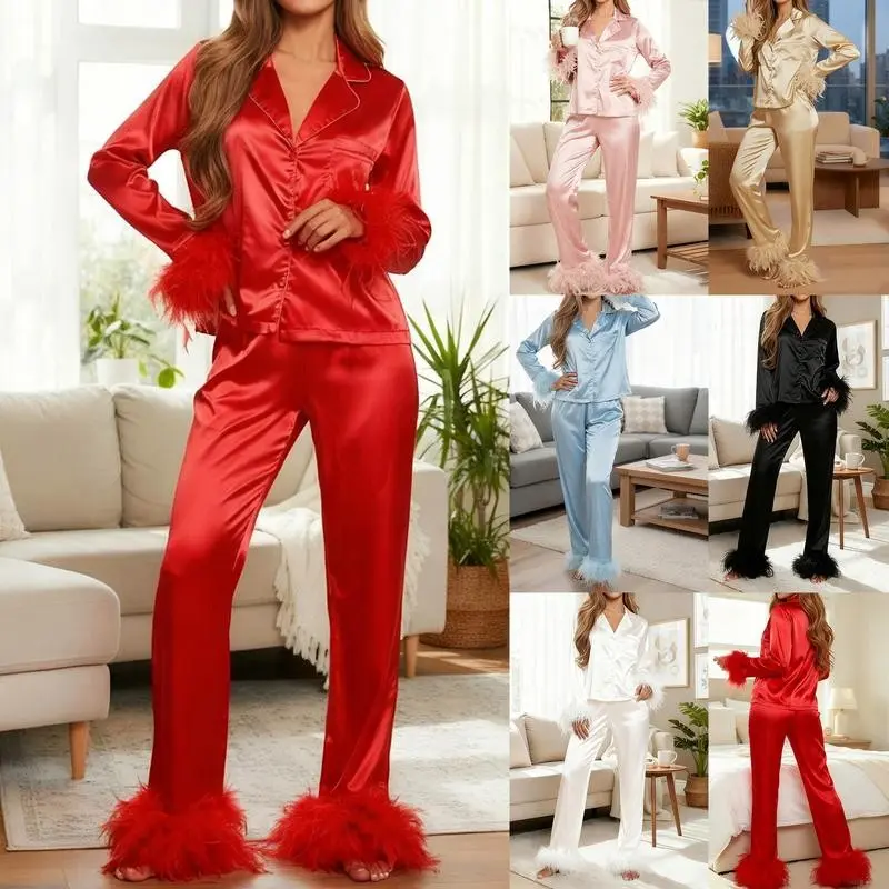 Women Feather Trim Satin Pajamas Set 2 Piece Long Sleeve Button Up Bridal Shirt and Pjs Pants Sleepwear Loungewear