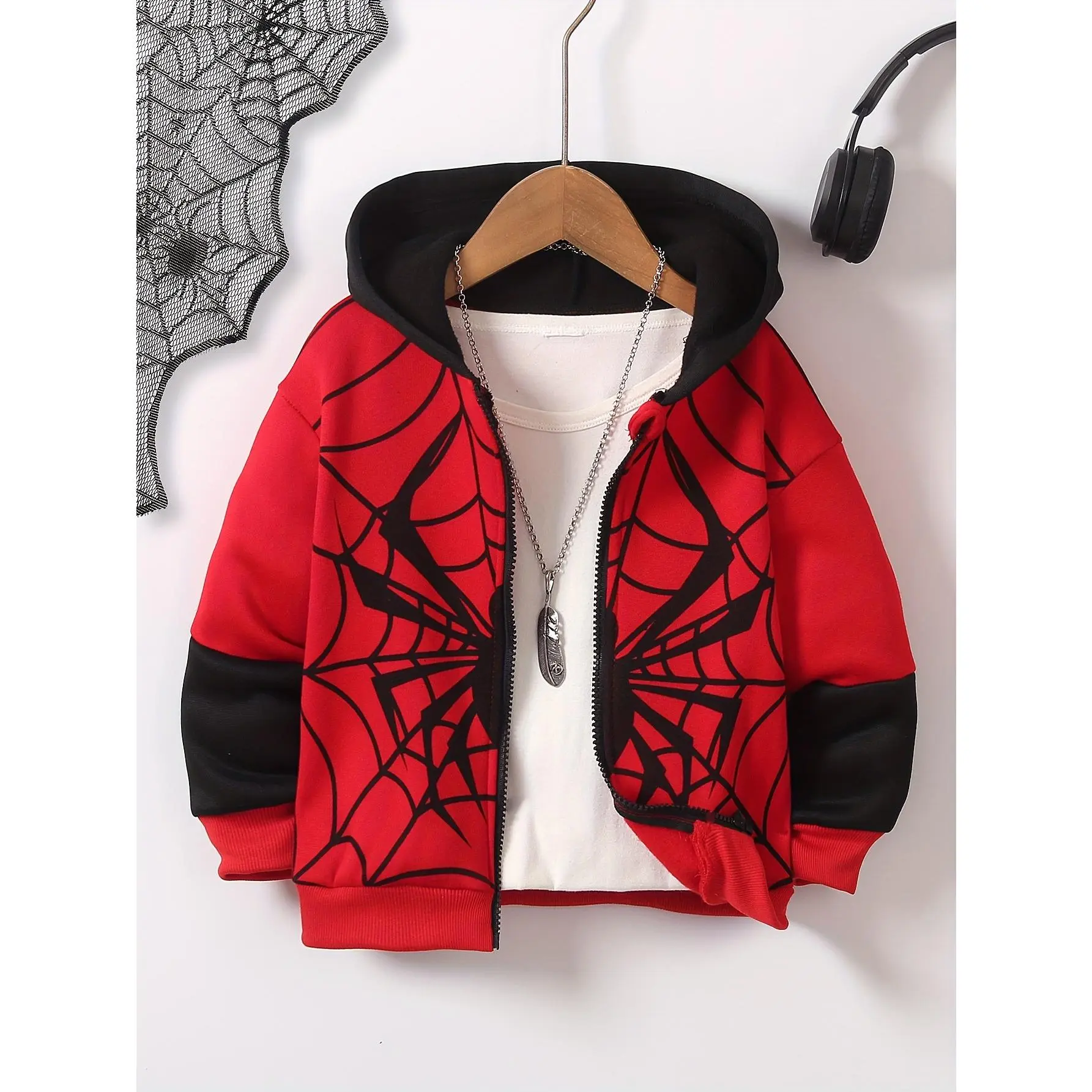 Boys' Athletic Casual Spider Web Full Print Patchwork Sleeve Zipper Hoodie Jacket Outdoor Party Warm Comfortable Fall Winter