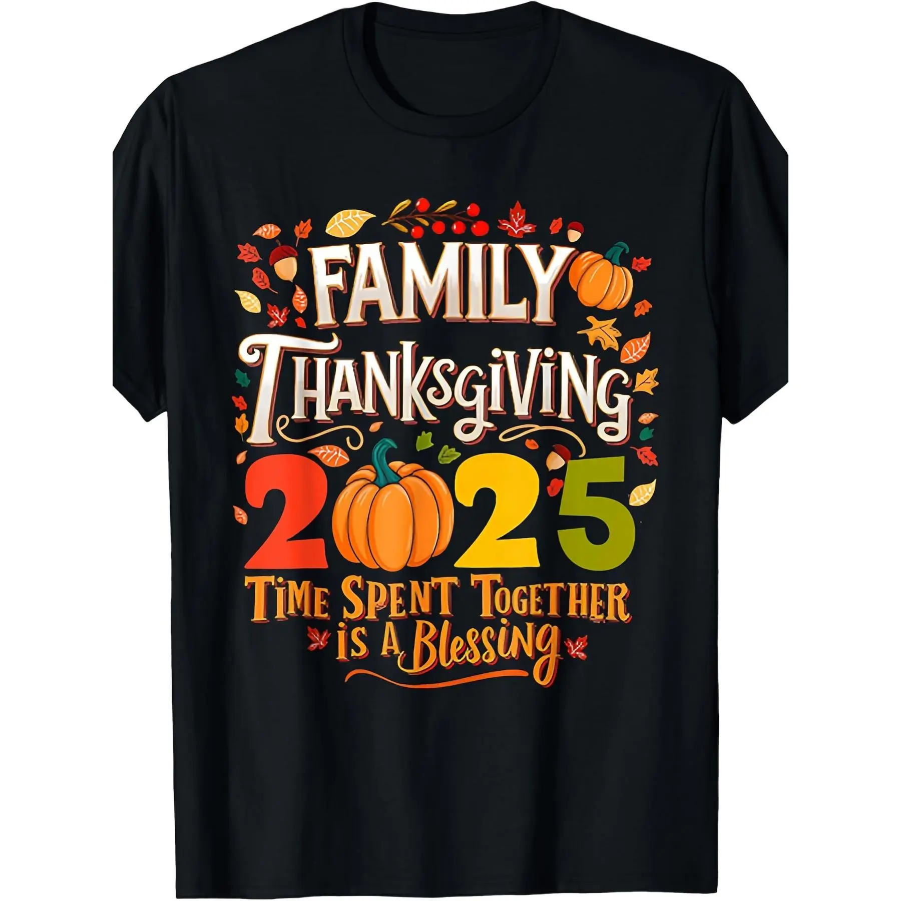 Unisex Adult Cotton Crewneck T-Shirts - 2025 Family Thanksgiving Matching Tops, Vintage Turkey Graphic with Autumn Leaves & Pumpkins, "Time Spent Together is a Blessing" Quote, Family Reunion Outfits