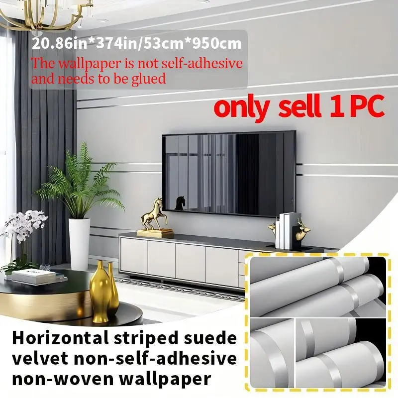 One roll of simple horizontal striped non-self-adhesive wallpaper, made of suede non-woven fabric, thickened, breathable, and cuttable, 20.86"x 374". A popular choice for home renovations, especially for bedroom, living room, and TV background walls.