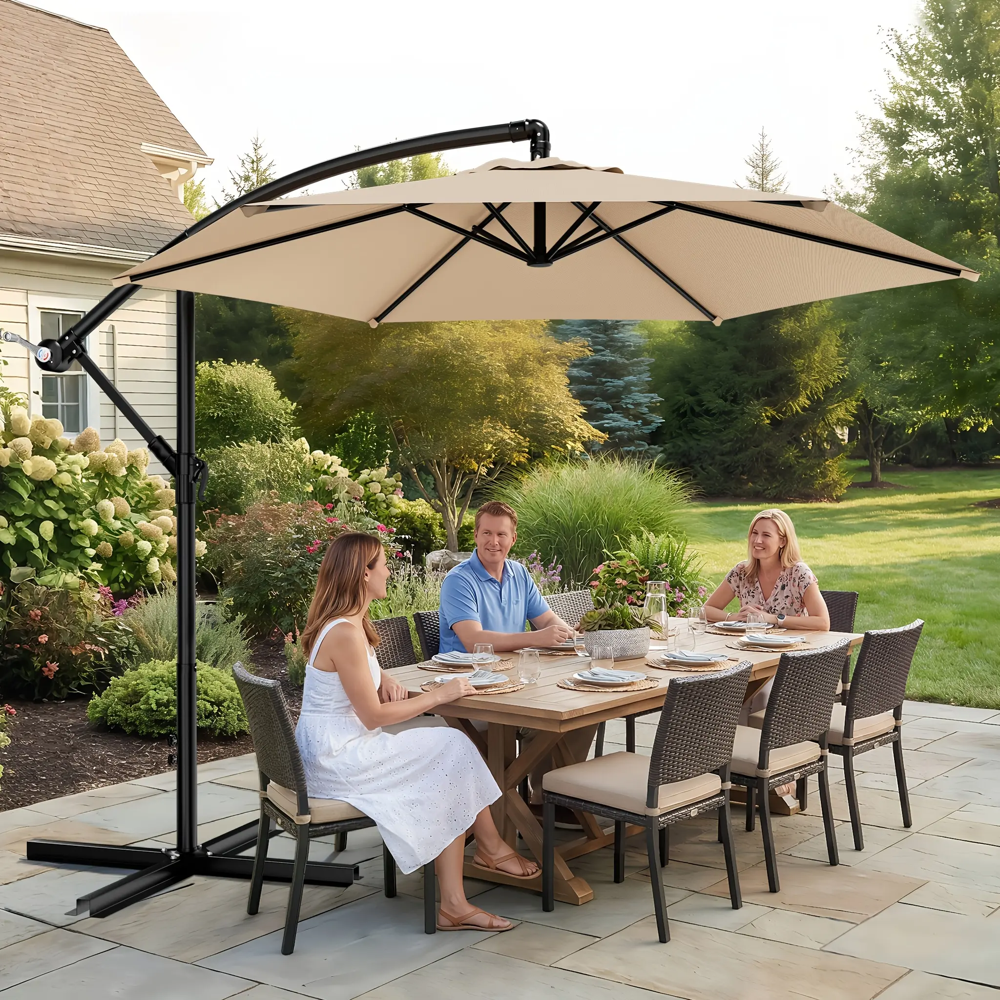 10-Foot Patio Umbrella, Cantilever Style for Outdoor Use, Featuring an Adjustable Tilt And Crank Mechanism, Supported by 8 Robust Ribs, Designed for Durability with Wind-Resistant UV Protection, Perfect for Pool Decks, Lawns, Backyards, And Gardens