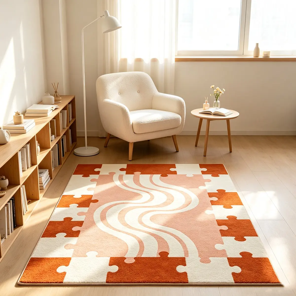 Warm Orange Puzzle Wavy Line Square Rug Cream Style Living Room Rug Sofa Coffee Table Rug Bedroom Bedside Plush Rug Soft Fluffy Rug Study Decor Area Rug Ideal Daily Gift Rug