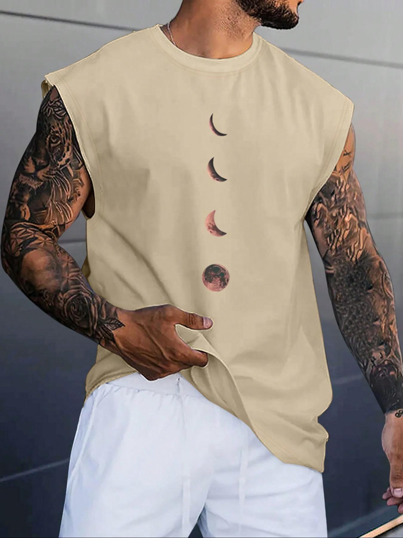 Men's Moon Print Wide Shoulder Vest, Regular Fit Casual Sleeveless Graphic Tank Top for Summer, Men's Top for Daily Wear, Menswear, Casual Streetwear Top, Casual Street Style