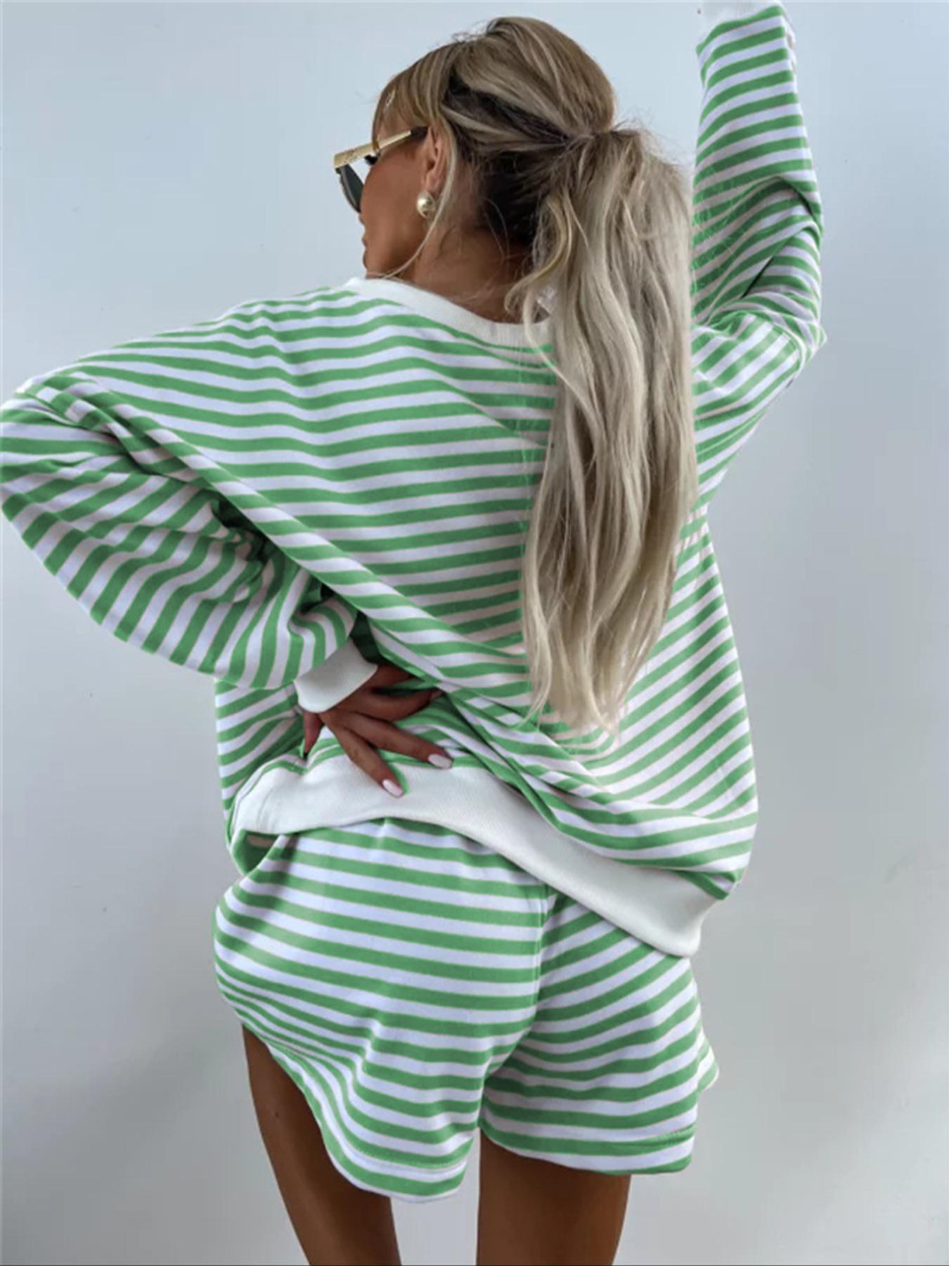 Women's Striped Print Drop Shoulder Long Sleeve Tee & Elastic Waist Shorts Two-piece Set, Casual Fashion Cozy Breathable Soft Fabric Two Piece Outfits for Daily Outdoor Wear, Women Clothes for Spring & Fall
