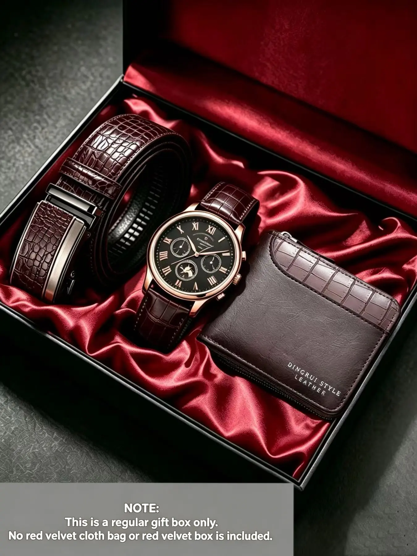 Men Luxury Gift Set Brown Leather Watch Wallet Belt 3Pcs Premium Gift Box, Business Chronograph Wrist Watch, Crocodile Pattern Leather Wallet & Belt, Ideal Birthday Christmas Father's Day Anniversary Holiday Presents for Dad Husband Boyfriend Male Friends