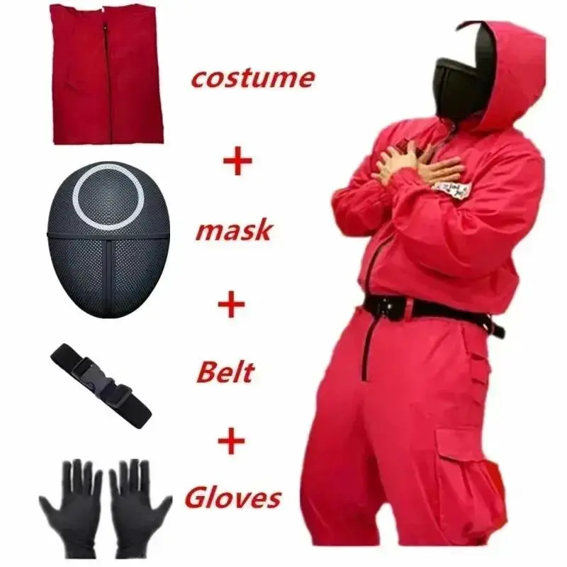 Kids Red Game Jumpsuit Cosplay Party Tracksuit Outfits Props Role Play Classic Costume Belt Full Mask Set