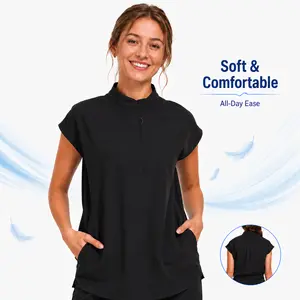 Women's Zip-Front Mandarin Collar Woven Scrub Top - 4-Way Stretch Fabric, Loose Fit, 2 Pockets, Soft Breathable Uniform Blouse for Medical Nursing Workwear