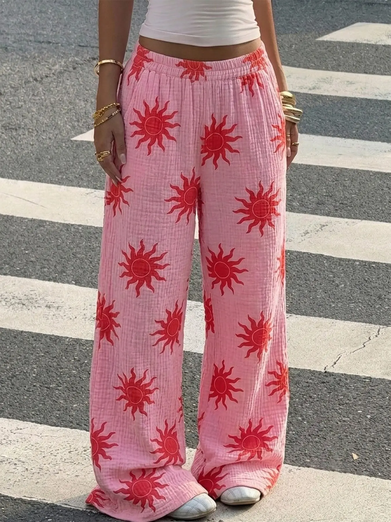 Women's Cotton Linen Long Pants, Sunflower Summer Print, Casual Wide Leg Beach Resort Pants, Elegant Natural Style, Comfortable and Trendy