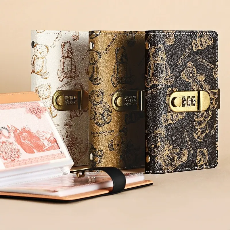 Bear Pattern Secure Money Saving Wallet with Password Lock, A6 Cash Storage Album, Money Notes, Small Financial Management Binder Organiser, Holds Up to 100 Photos