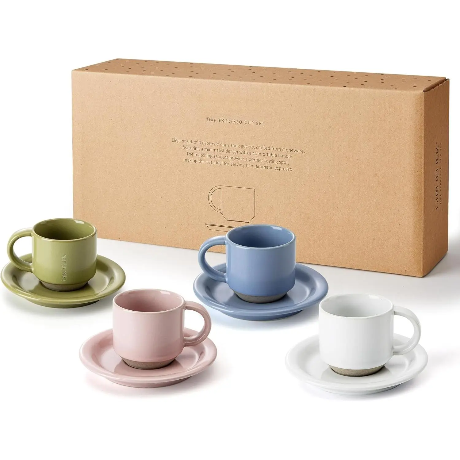 Ceramic Oak Demitasse Coffee Cups Set of 4, 3oz, Modern Multi-Color Pastel Design, Microwave & Dishwasher Safe