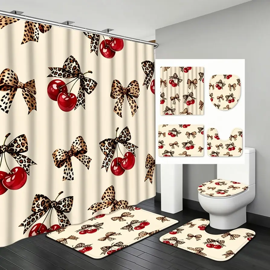 4pcs Cherry Leopard Bow Shower Curtain, Rugs, Toilet Lid Cover and Bath Mat, - Elegant Metal Grommet Top Bathroom Window Curtain, Machine Washable Fabric For Bathroom, RV, Holiday Decor - Year-Round Use 70.8x70.8 Inches, Valentine's Day Home Decor