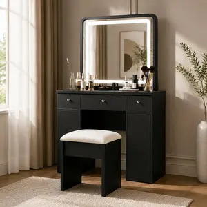 31x20 Inch Extra Large LED Mirror Makeup Vanity Table Set with Cushioned Stool, Touch Switch 3-Color Adjustable Brightness, MDF Black Dressing Table with Storage, Compact for Small Bedrooms
