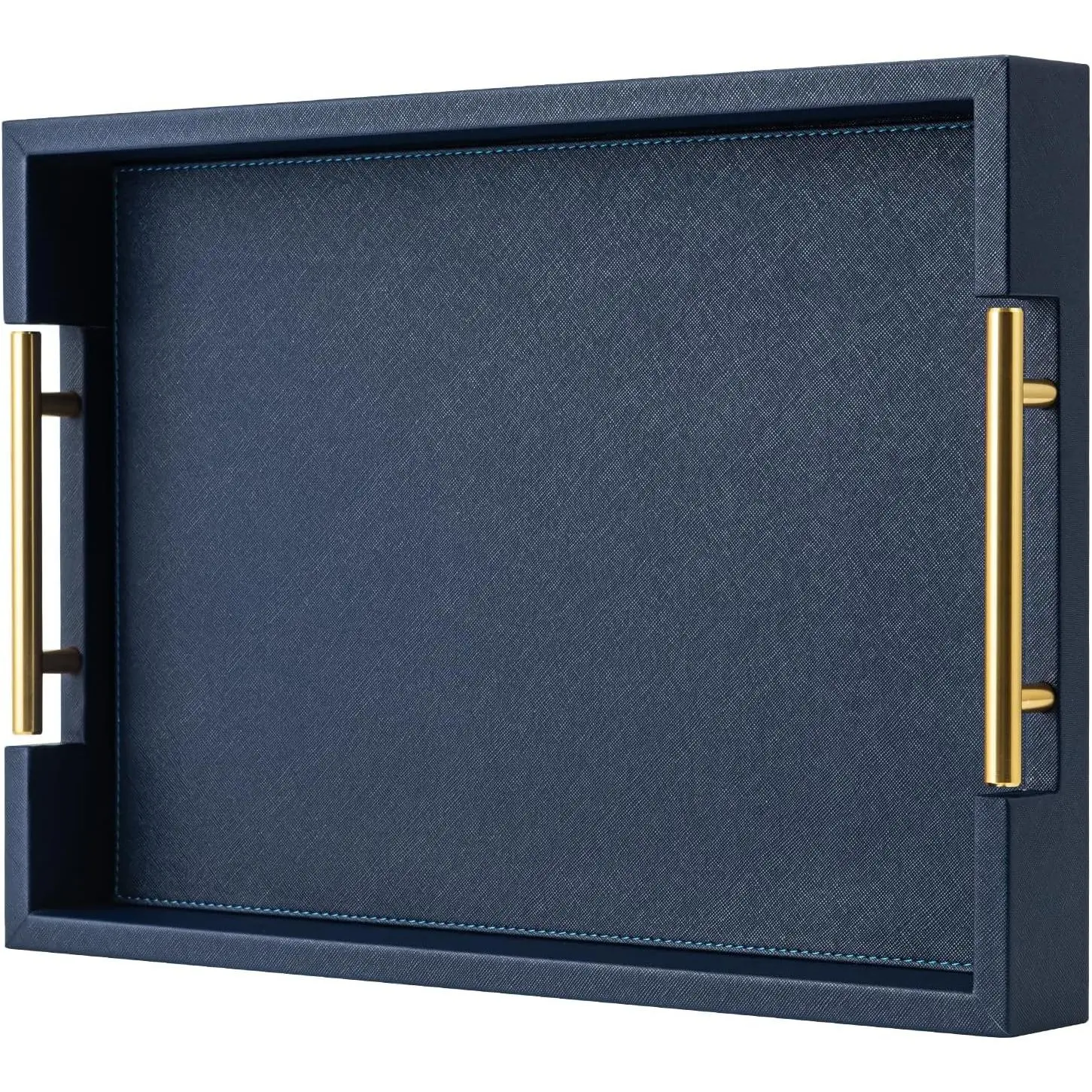 Navy Blue Faux Leather Serving Coffee Tray with Gold Handles Rectangle Large Decorative Ottoman Tray for Home Decor Living Room