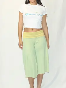 1 Piece Fold-Over Waist Striped Capri Pants, Daily Versatile Straight-Leg Trousers