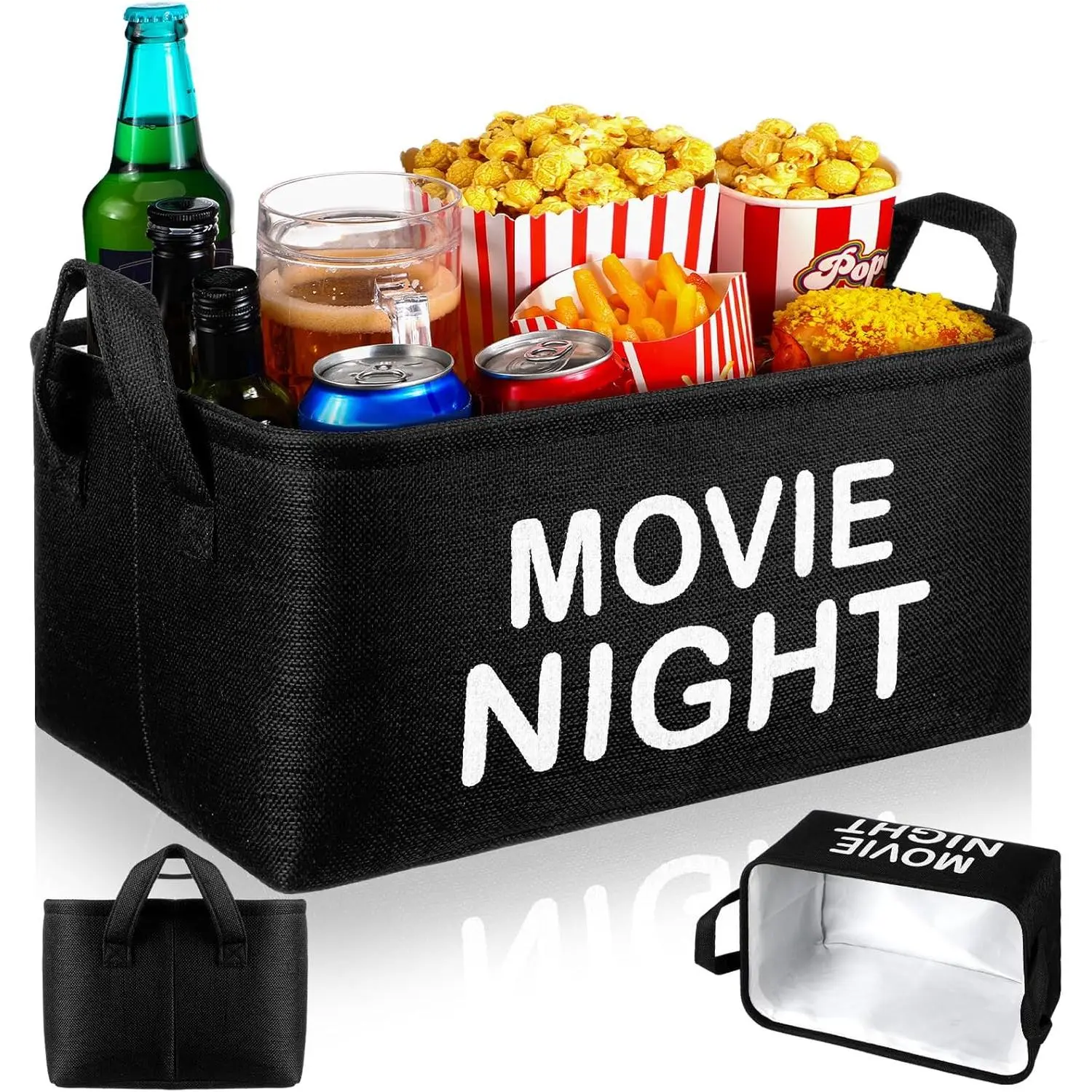 Large Movie Night Snack Basket Tray with Handles Reusable Burlap Storage Organizer Basket Bucket for Theater Popcorn Bucket Bowl Box Container Movie Nights & Holiday Parties (Black)