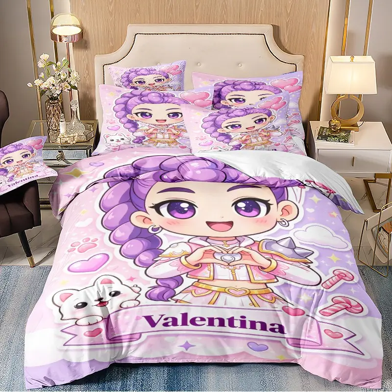 3-Piece Q Version Idol Girl Pattern Duvet Cover Set, Soft Comfortable Fabric, No Padding, Ideal for Bedroom, Hotel, Dormitory, Perfect Gift