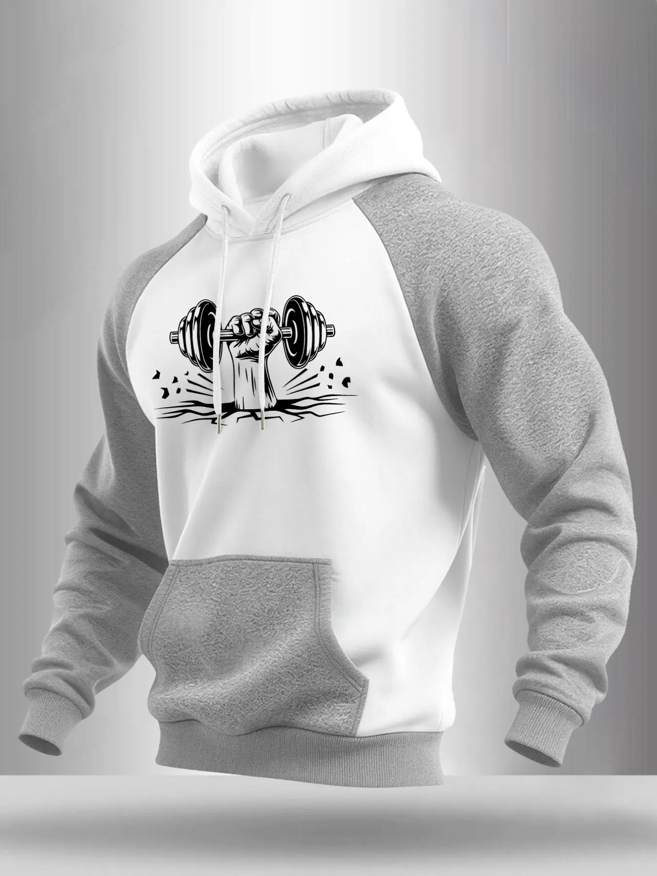 Men Raglan Sleeve Drawstring Hoodie, Strength Fist Lifting Dumbbell Crack Ground Graphic Print, Kangaroo Pocket Loose Workout Fitness Casual Long Sleeve Pullover Sweatshirt #GymFitnessHoodie #DumbbellPrintTop #RaglanStreetHoodie