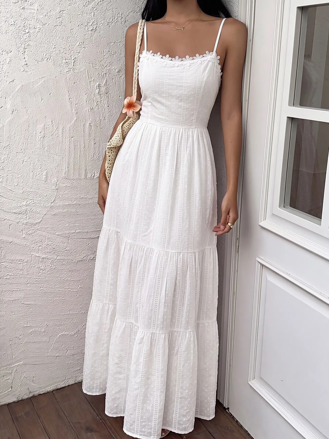 Women White Daisy Lace Trim Square Neck Spaghetti Strap Tiered Maxi Dress, Summer, French Cottagecore Dot Eyelet Embroidery A Line Flowy Vacation Sundress, Adjustable Thin Strap High Waist 3 Layer Ruffle Beach Dress
