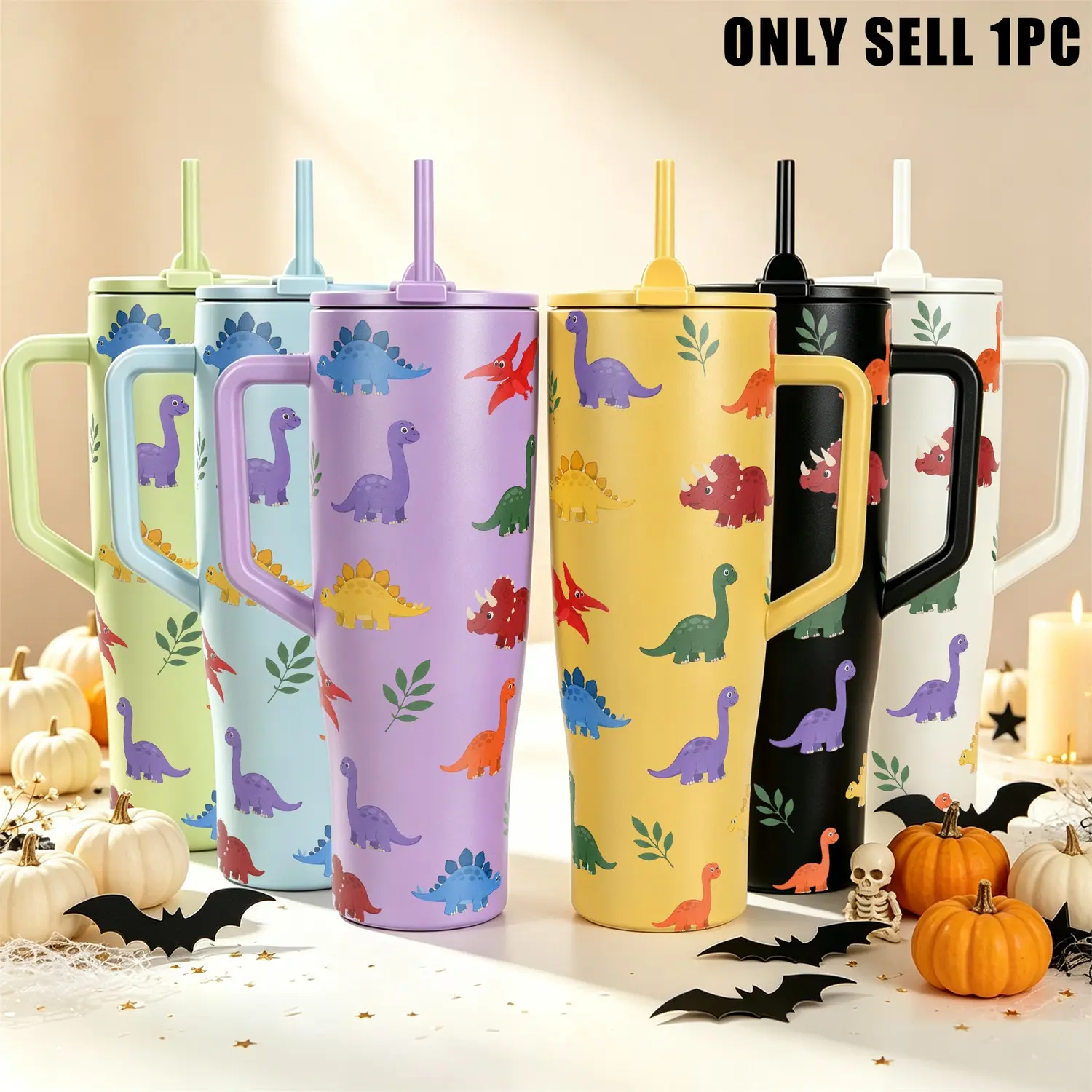 1pc 40oz Cute Dinosaur Print Halloween Tumbler With Straw, Reusable Portable Stainless Steel Tumbler with Straw, Halloween Hydration Cup for Gym Hiking Travel, Cute Halloween Gift for Teens Women, Drinkware Women's clothing