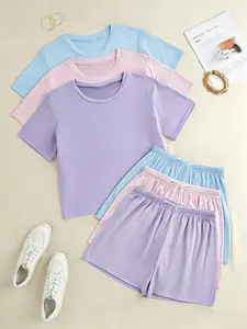 Comfortable 3-Piece Women's Pajama Set, Loungewear, Short Sleeve Round Neck Top and Loose-Fit Shorts, Easy Care, Knitted Fabric, Ideal for Summer Nights