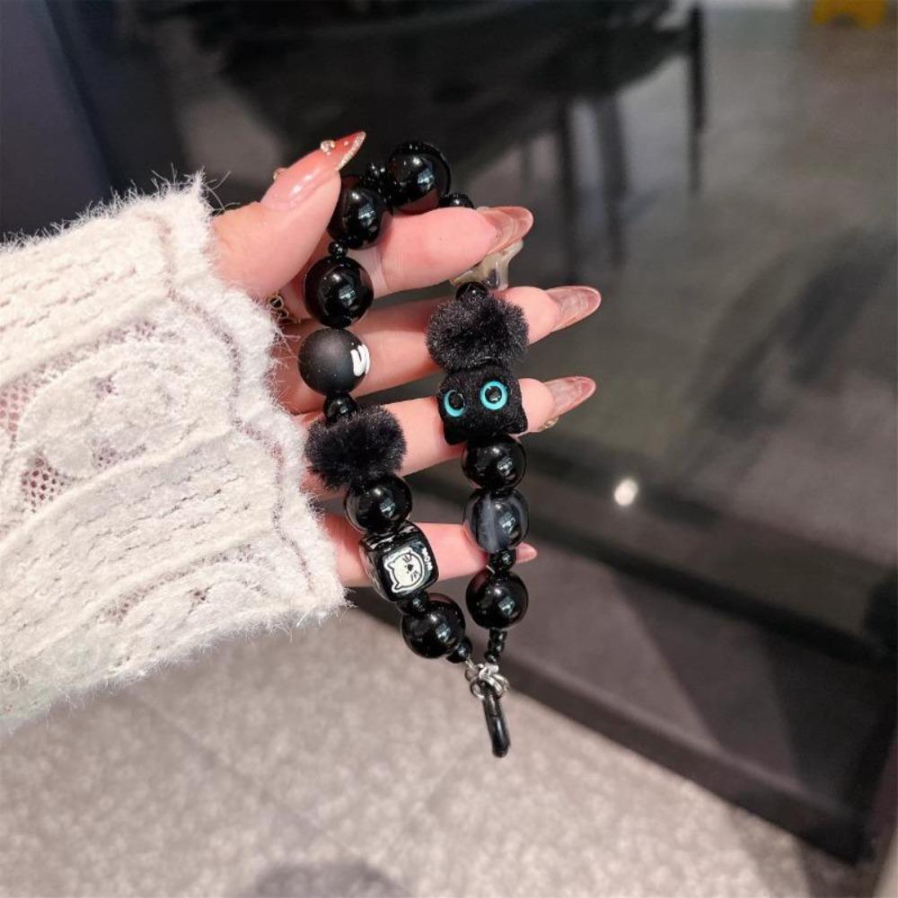 Premium Black Plush Cat Phone Charm, Portable Beaded Wristlet Chain, Cute Cat Keychain for Car Keys & Bags, Trendy All-Match Birthday & Party Gift