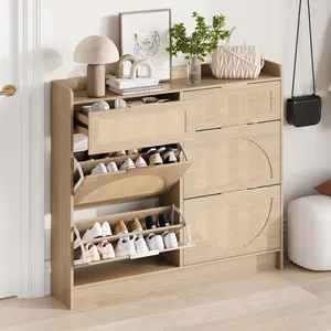 Rattan Shoe Storage Cabinet – 4 Invert Drawers & 2 Standard Drawers – Adjustable Shelves, Metal Handles, Wide Freestanding Entryway Shoe Organizer – Hidden Narrow Hallway Design