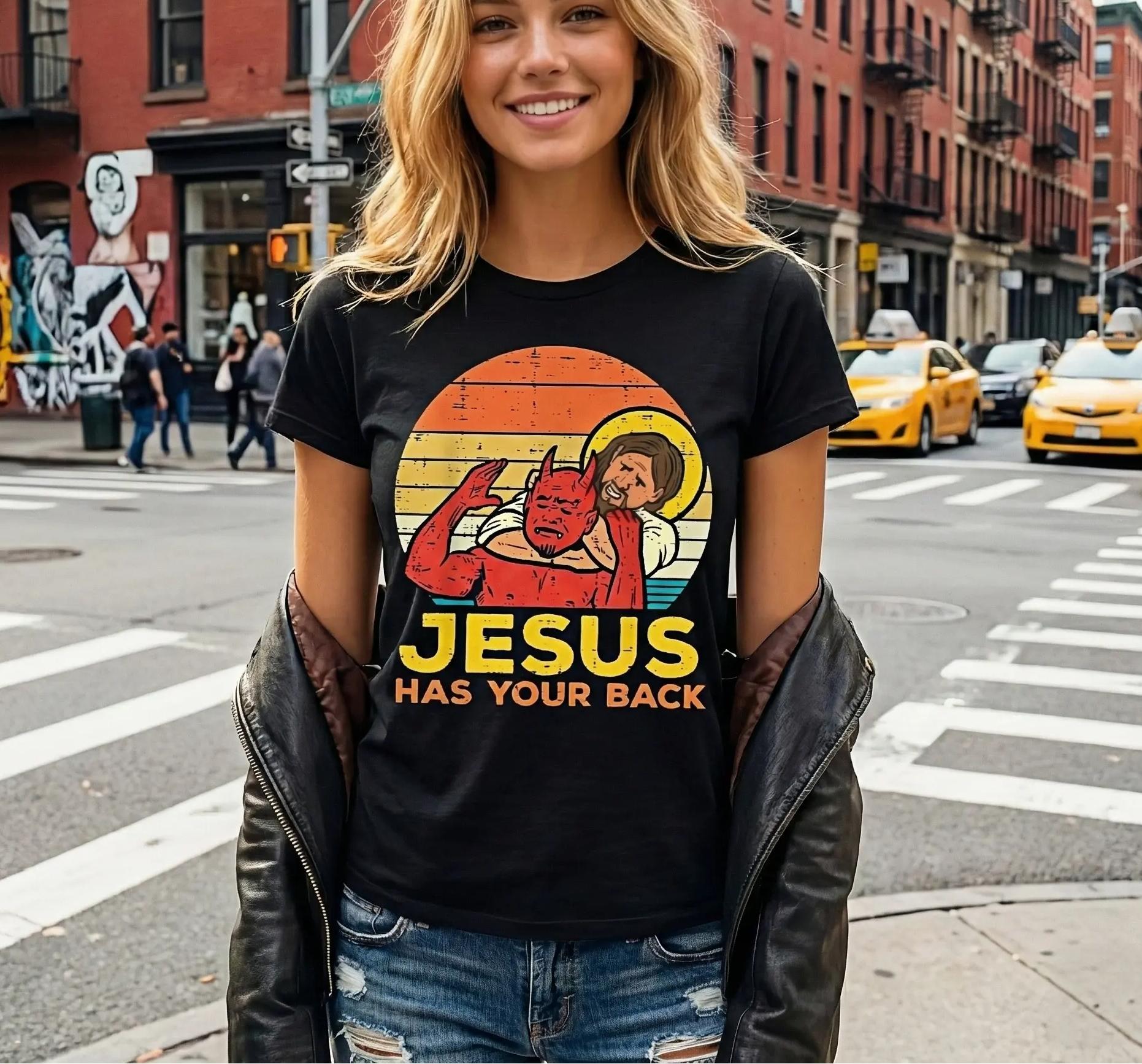 Cotton Jesus Has Your Back Jiu Jitsu Retro Christian Men Women Kids T-Shirt