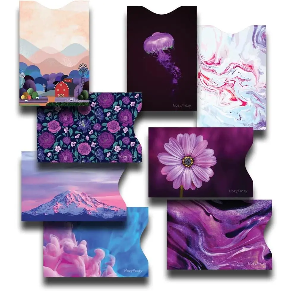 8 RFID Blocking Sleeves, Designs and Arts in Purple, Anti-Theft Credit, Credit Card Protector, Easy to Recognize, Sturdy and Perfect size for cards