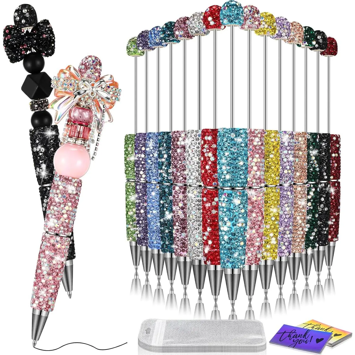45 count Full Rhinestone Beadable Pens Bulk Set 15 Glitter  Pens with Cards & Bags Fancy Beaded Pen for Beads DIY Cute Journalling Bling Ballpoint Craft Making(AB Colored )