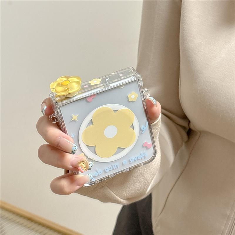 Cute Small Flower Magnetic Phone Case For Samsung Galaxy Z Flip 7 6 5 Flip6 Flip7 Cover with Magsafe Stand Lanyard Cases Funda