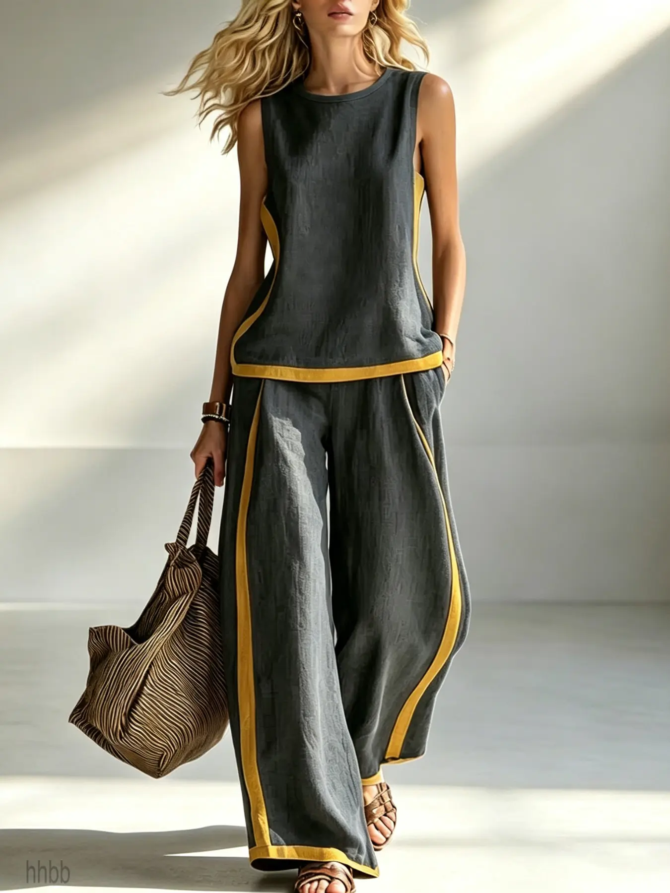 Women's Patchwork Two-Piece Set, Sleeveless Top & Wide-Leg Pants with Pockets, Boho Style, Loose-Fitting, Flowy, Casual, Summer Streetwear, Vacation