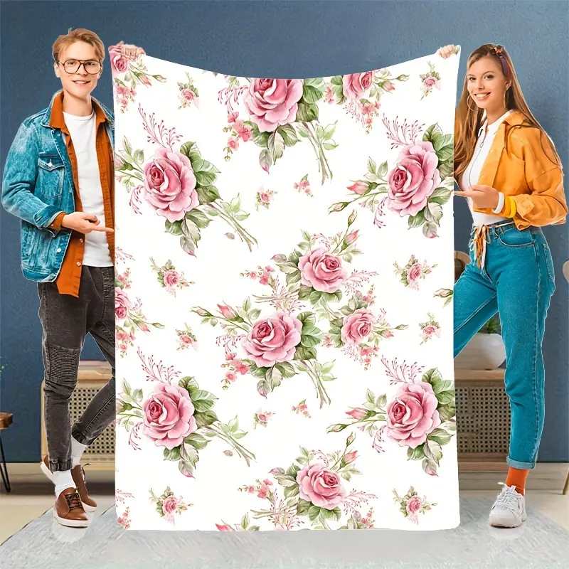 1-Piece Soft Flannel Blanket with Rose Print - Cozy Warm Bedding Throw for Sofas, Camping Travel Use
