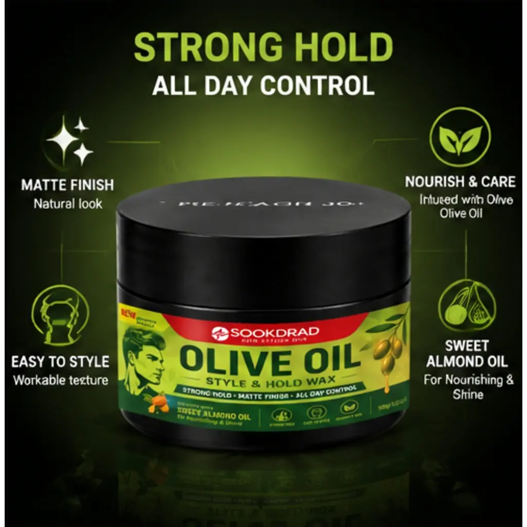 olive oil style & hold wax, infused with sweet almond oil, strong hold, matte finish, all day control, easy to style, nourish hair, for men, 100g/3.53oz