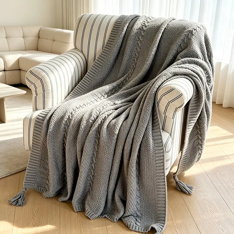 Premium Soft Braided Knitted Blanket with Tassels, Wrinkle Resistant, Air Permeable, Ideal for Living Room, Dorm, Guest Room