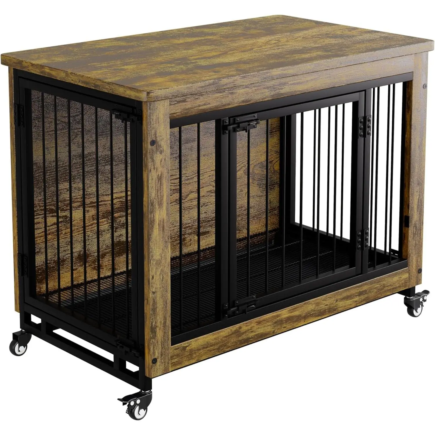 38 Inch Rustic Wooden Dog Crate Furniture, 2-in-1 Indoor Pet Kennel Side Table with 3 Lockable Doors, Lockable Caster Wheels & Removable Cleaning Tray, Chew Resistant Carbon Steel Frame Easy Assembly Dog House for Small Medium Dogs