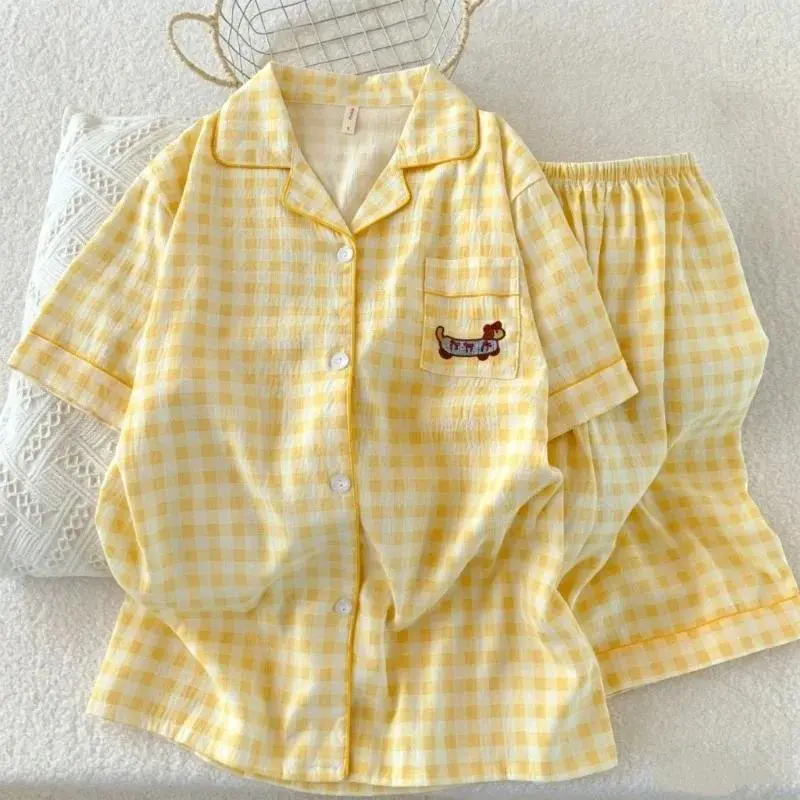 Y2K Embroidery Plaid Dachshund 2PC Set Women's Pajamas Sweet Cute Short Sleeve Shorts Pajamas Lapel Neck New Summer Homewear