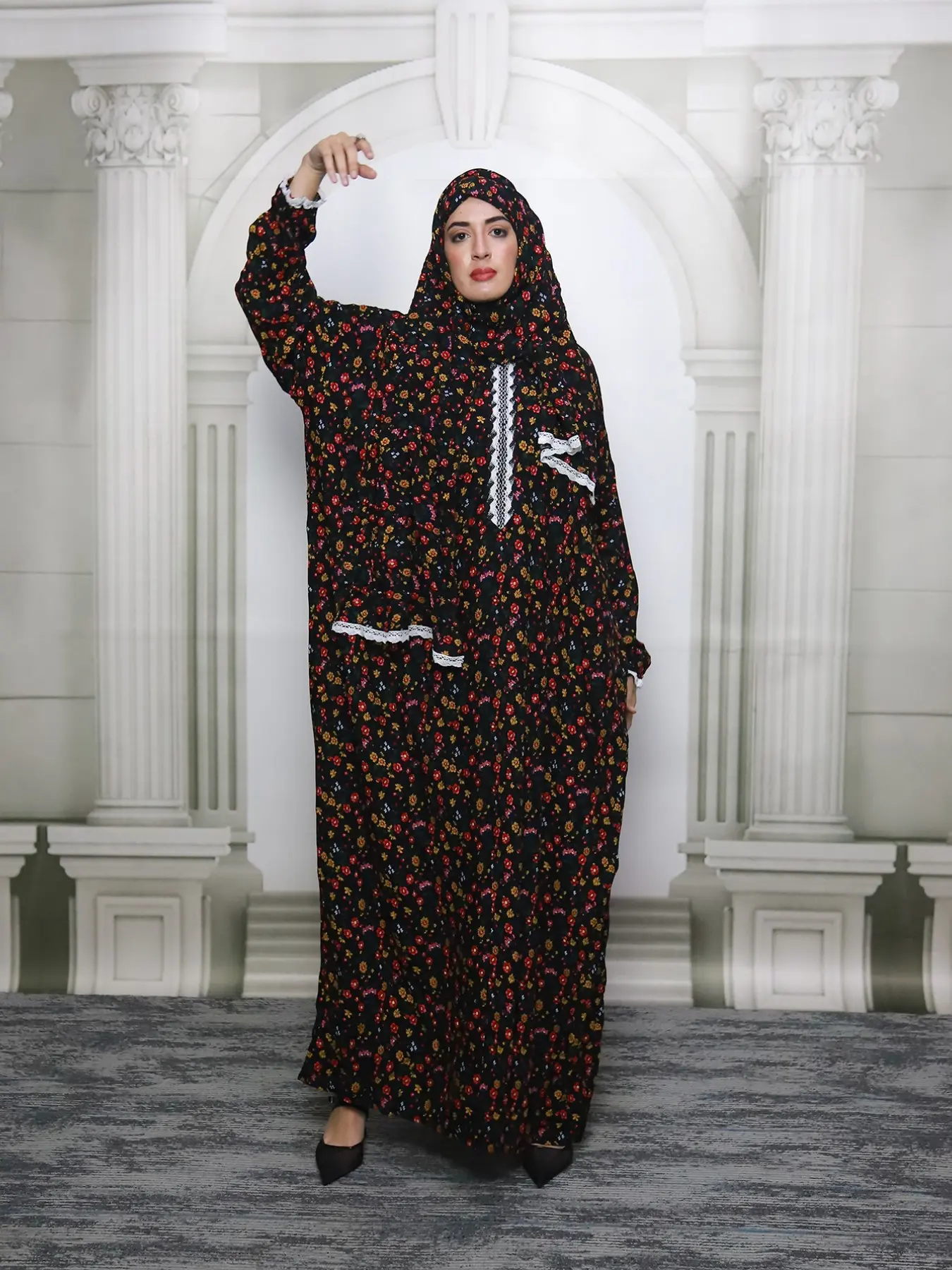 Middle Eastern Women's High-End Elegant Lace Scarf Prayer Dress, Fashion Printed Long Dress, Modest Loose-Fitting Long Sleeve Dress