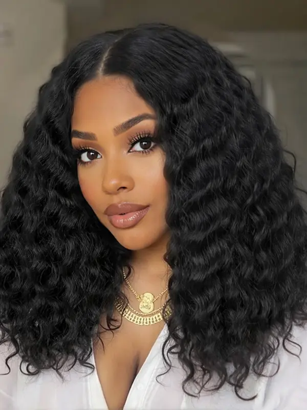 12 Inch Deep Wave Bob Wig Natural Black Wavy Wig Synthetic  display picture 2