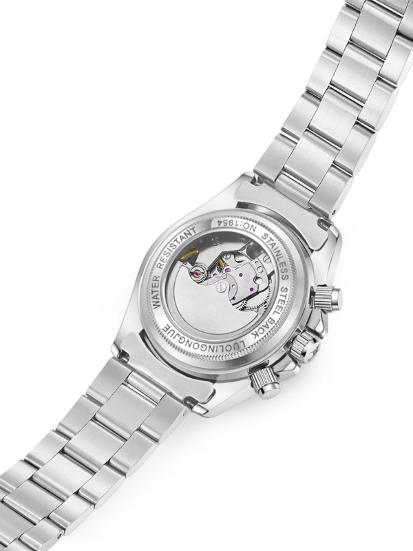 Multi-Function Chronograph Mechanical Watch for Men, Skeleton Stainless Steel Automatic Self-Winding Timepiece with Month, Date, Day, and 24-Hour Display – Luxury Gift for Business & Fashion