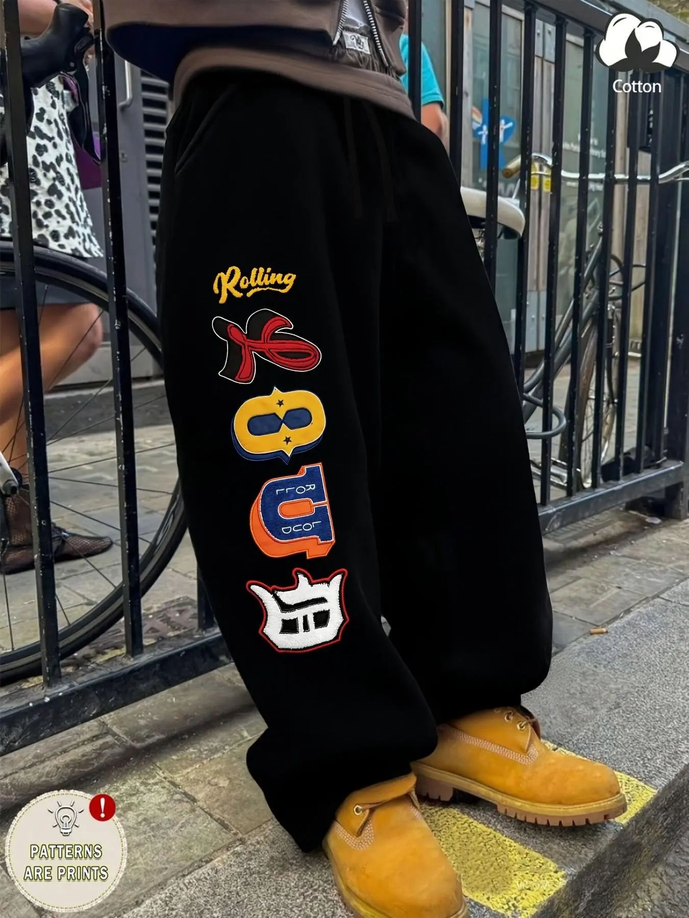 Unisex Cotton Black Wide Leg Drawstring Sweatpants with Side Colorful "Rolling KOC" Letter Print American Streetwear Casual Pants