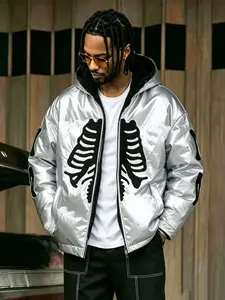 Men's Gothic Autumn Winter Comfortable Cotton Jacket, Silver Color Skull Print Open Front Sweatshirt, Halloween Costume, Streetwear