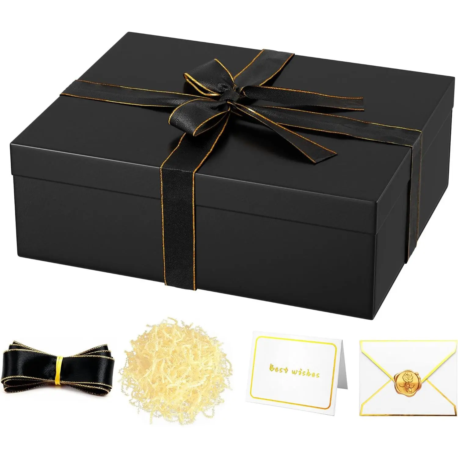 Large Black  Box with Lid for Presents, 16.5 x 13 x 5.5 Inches