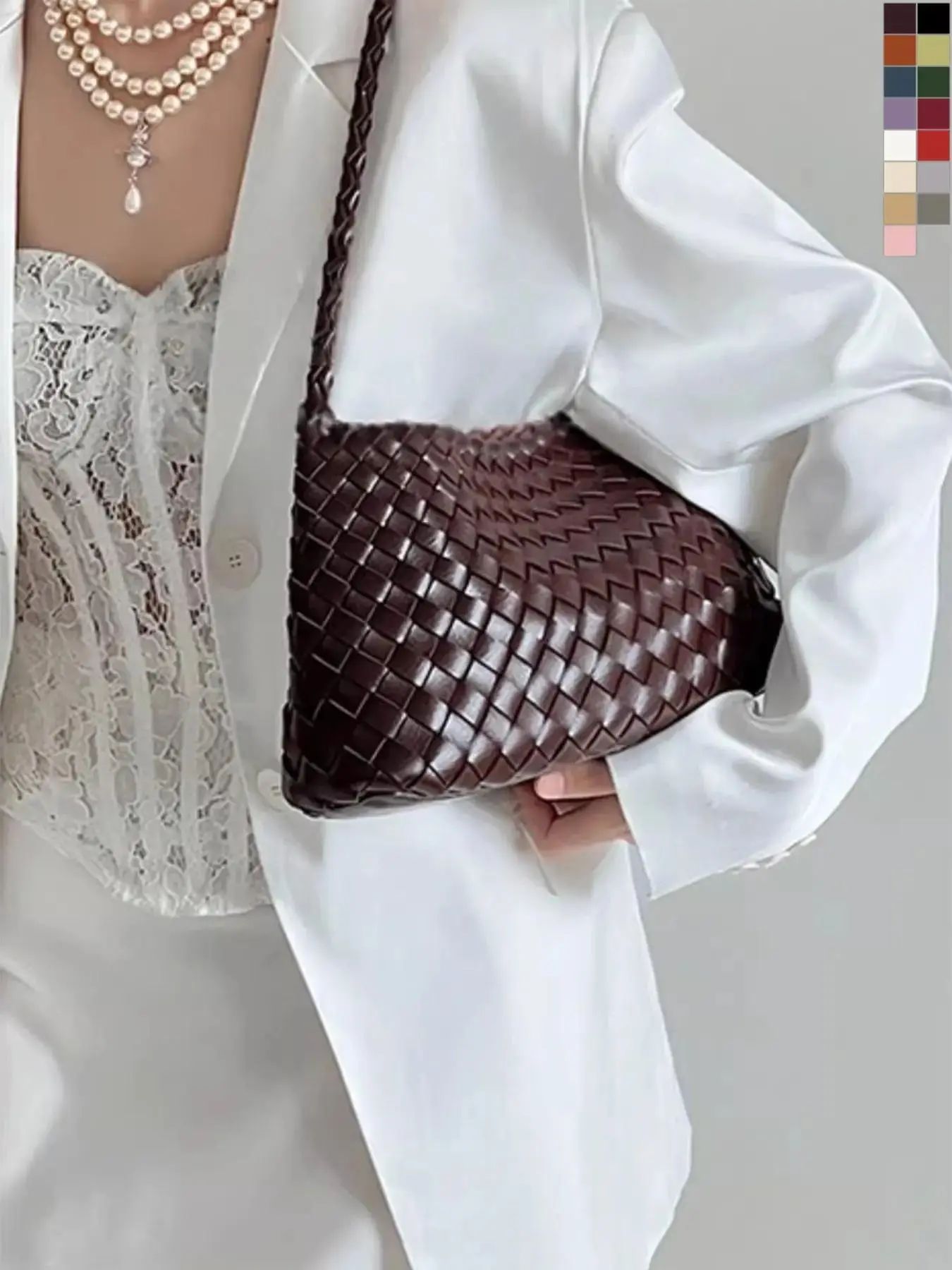 Weave Shoulder Bag, Handbag for Daily Use, Fashionable Practical Design, PU Leather Wristlet, Plaid Pattern, All Seasons Casual Style, Casual Shoulder Purse