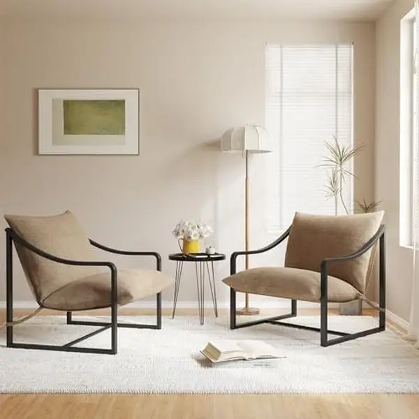 GARVEEMid-Century Modern Sling Accent Chairs Set of 2 with Comfortable Fabric Cushions, Heavy Duty Metal Frame, Suitable for Living Room or Bedroom, Easy Assembly, Available in Beige and Grey
