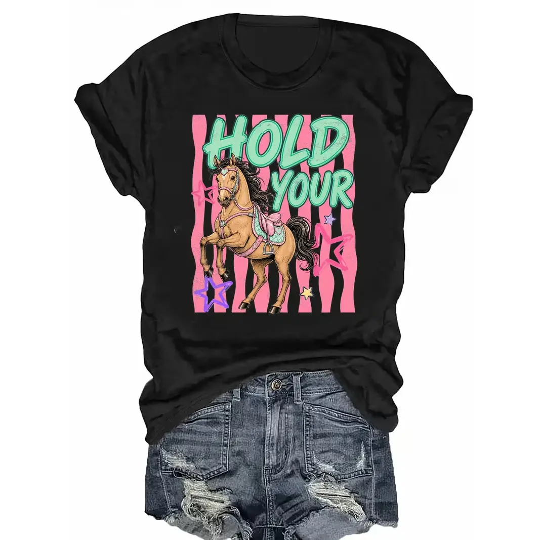 Hold Your Horses Western Graphic Cotton T Shirt Women Cute Horse Print Short Sleeve Top Casual Summer Daily Wear Soft Breathable Shirt For Horse Lover Cowgirl Country Outfit