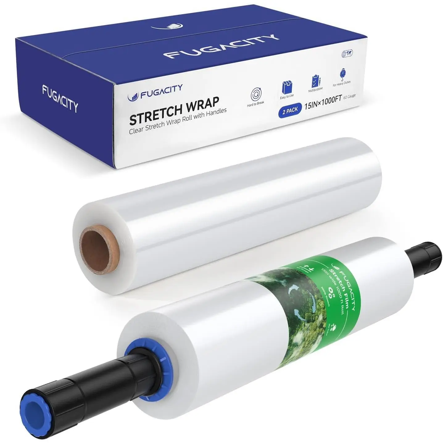 Shrink Wrap-2 Rolls with Handles 15 inch W 1000ft L Heavy Duty Stretch Wrap, 60 Gauge 500% Stretch Industrial Strength